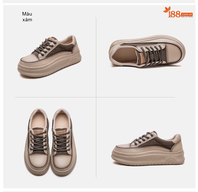 Giày Sneaker Nữ Da Bò Lớp Đầu Chiều Cao Đế Khoảng 4cm Phong Cách Hàn Quốc Màu Be, Nâu chi tiết 17