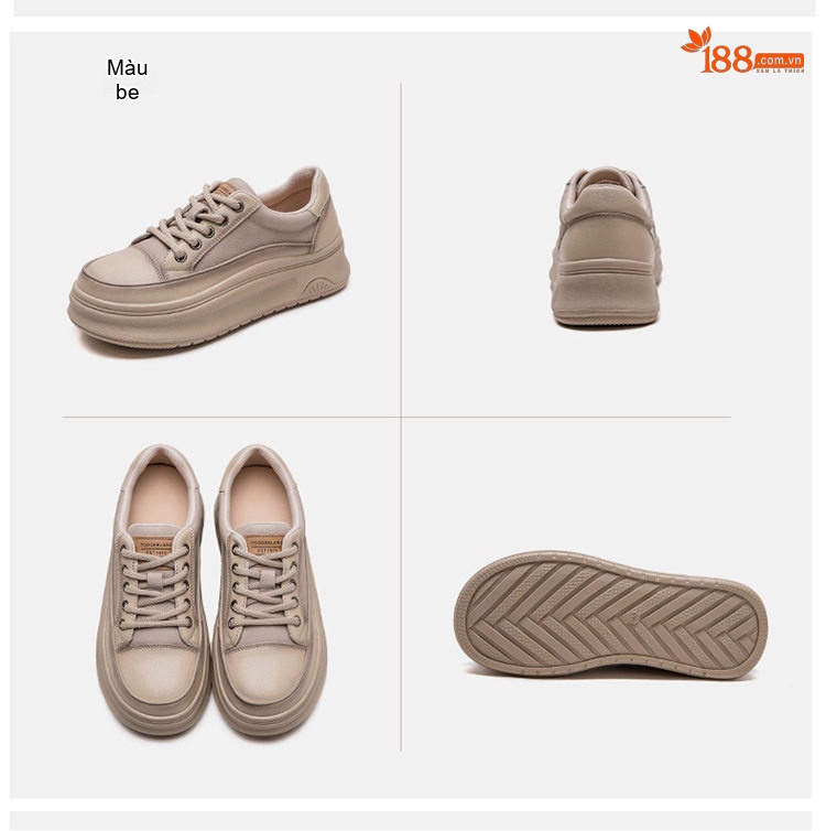 Giày Sneaker Nữ Da Bò Lớp Đầu Chiều Cao Đế Khoảng 4cm Phong Cách Hàn Quốc Màu Be, Nâu chi tiết 18