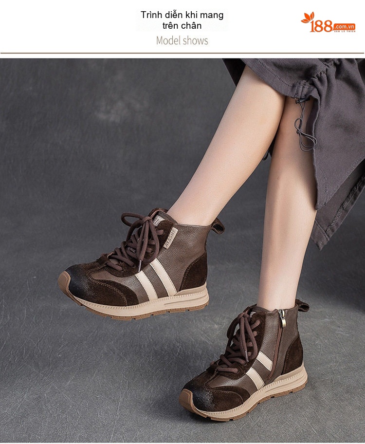 Giày Sneaker Nữ Da Bò Phối Màu Chiều Cao Đế Khoảng 3cm Màu Đen, Nâu chi tiết 5