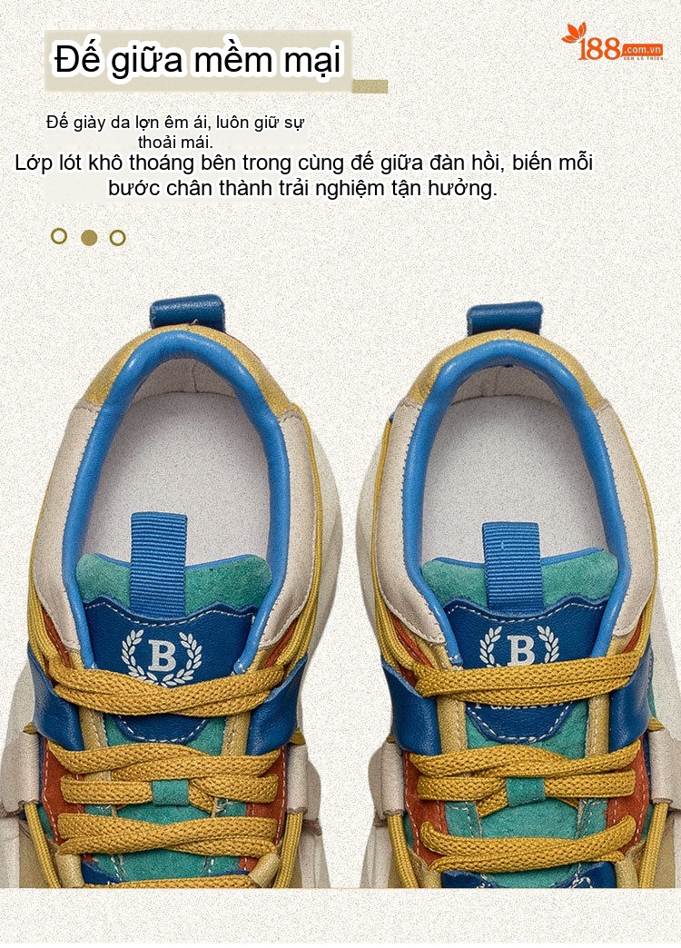 Giày Sneaker Nữ Da Bò Phối Màu Chiều Cao Đế Khoảng 5cm Phong Cách Retro Màu Trắng, Xanh, Vàng, Nâu... chi tiết 5