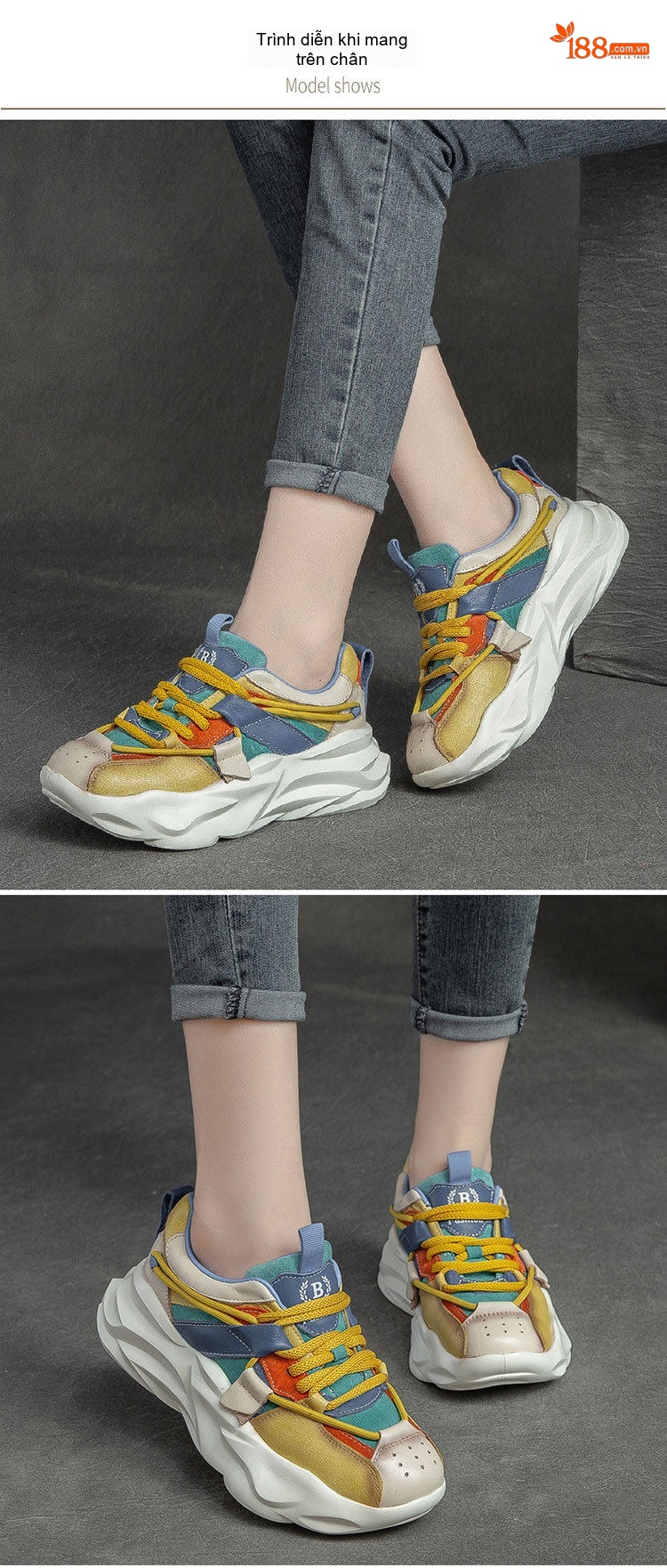 Giày Sneaker Nữ Da Bò Phối Màu Chiều Cao Đế Khoảng 5cm Phong Cách Retro Màu Trắng, Xanh, Vàng, Nâu... chi tiết 6