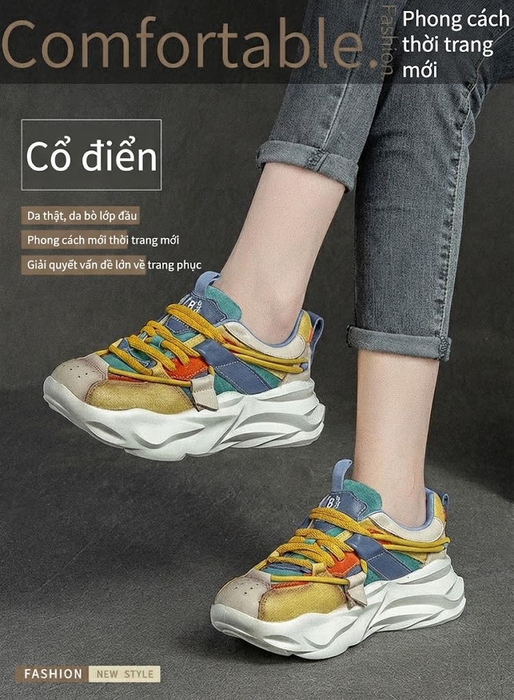 Giày Sneaker Nữ Da Bò Phối Màu Chiều Cao Đế Khoảng 5cm Phong Cách Retro Màu Trắng, Xanh, Vàng, Nâu... chi tiết 1