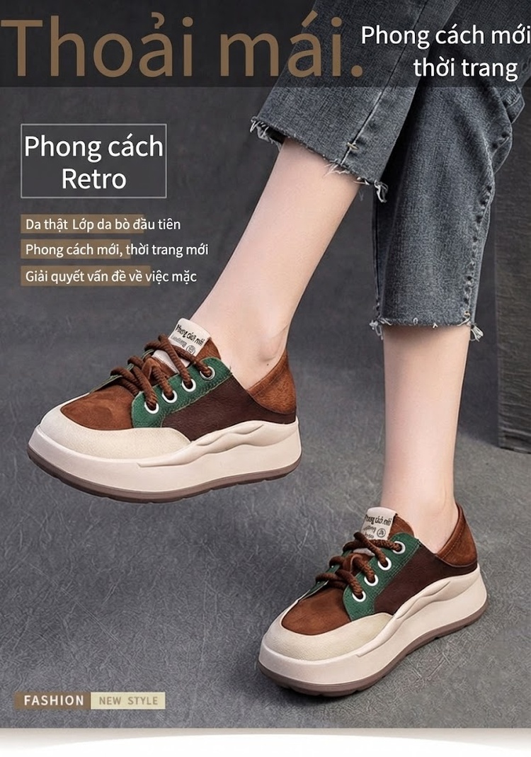 Giày Sneaker Nữ Da Bò Phối Màu Đế Bánh Mì Dây Buộc Chiều Cao Đế Khoảng 4cm Màu Đỏ, Nâu, Xanh Lá, Kem chi tiết 1