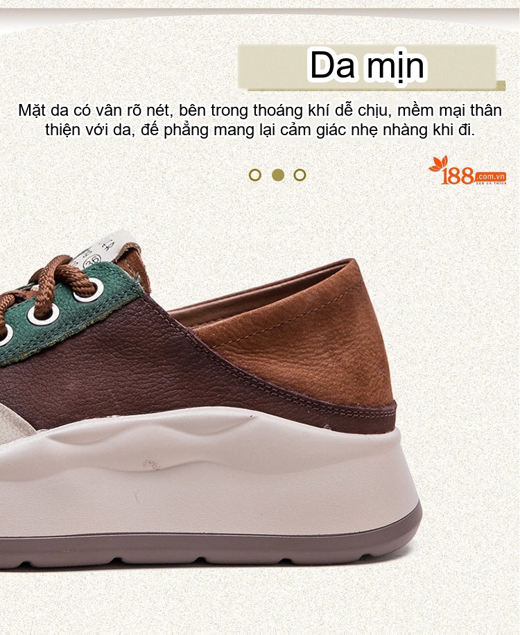 Giày Sneaker Nữ Da Bò Phối Màu Đế Bánh Mì Dây Buộc Chiều Cao Đế Khoảng 4cm Màu Đỏ, Nâu, Xanh Lá, Kem chi tiết 3