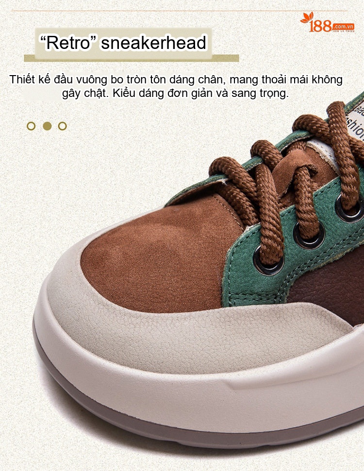 Giày Sneaker Nữ Da Bò Phối Màu Đế Bánh Mì Dây Buộc Chiều Cao Đế Khoảng 4cm Màu Đỏ, Nâu, Xanh Lá, Kem chi tiết 4