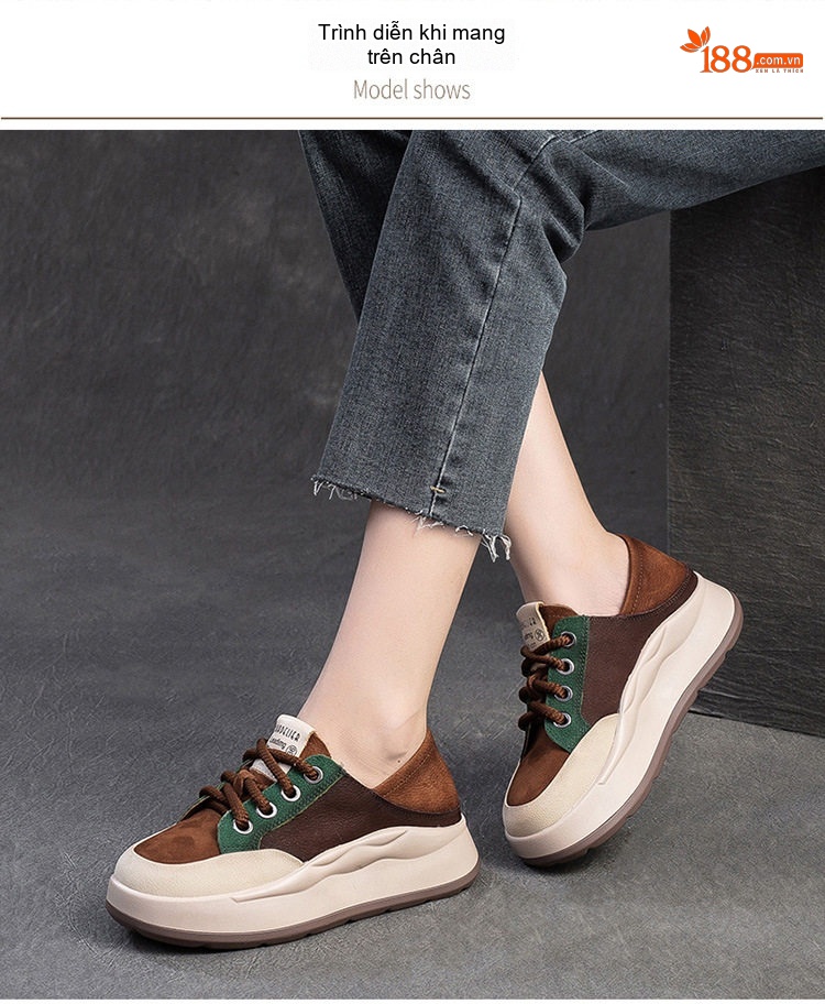 Giày Sneaker Nữ Da Bò Phối Màu Đế Bánh Mì Dây Buộc Chiều Cao Đế Khoảng 4cm Màu Đỏ, Nâu, Xanh Lá, Kem chi tiết 6