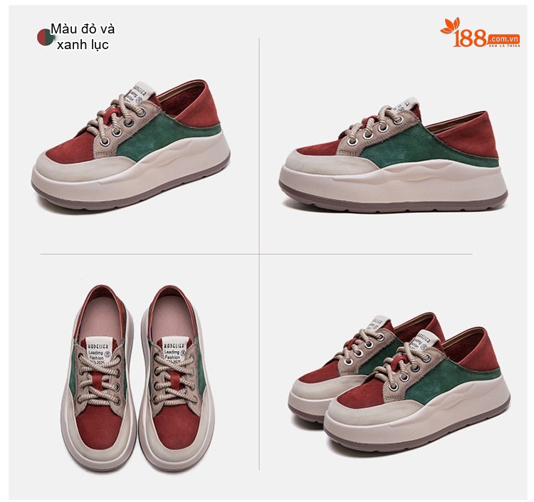 Giày Sneaker Nữ Da Bò Phối Màu Đế Bánh Mì Dây Buộc Chiều Cao Đế Khoảng 4cm Màu Đỏ, Nâu, Xanh Lá, Kem chi tiết 16