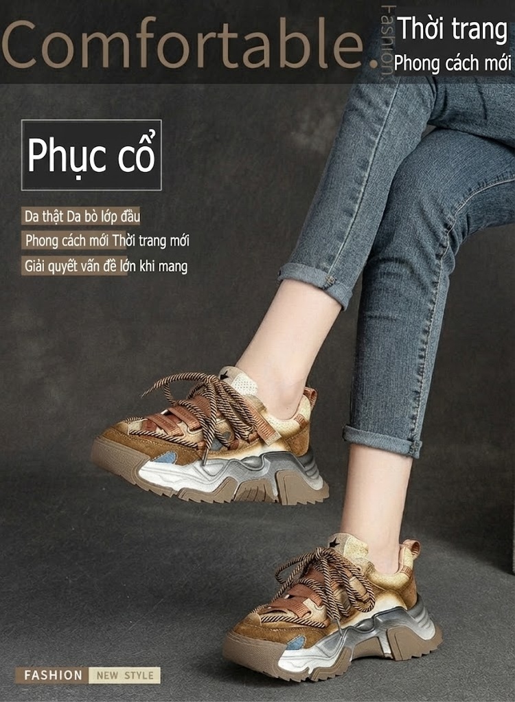 Giày Sneaker Nữ Da Bò Phối Màu Phong Cách Retro Chiều Cao Đế Khoảng 5cm Màu Nâu, Xám, Xanh... chi tiết 2