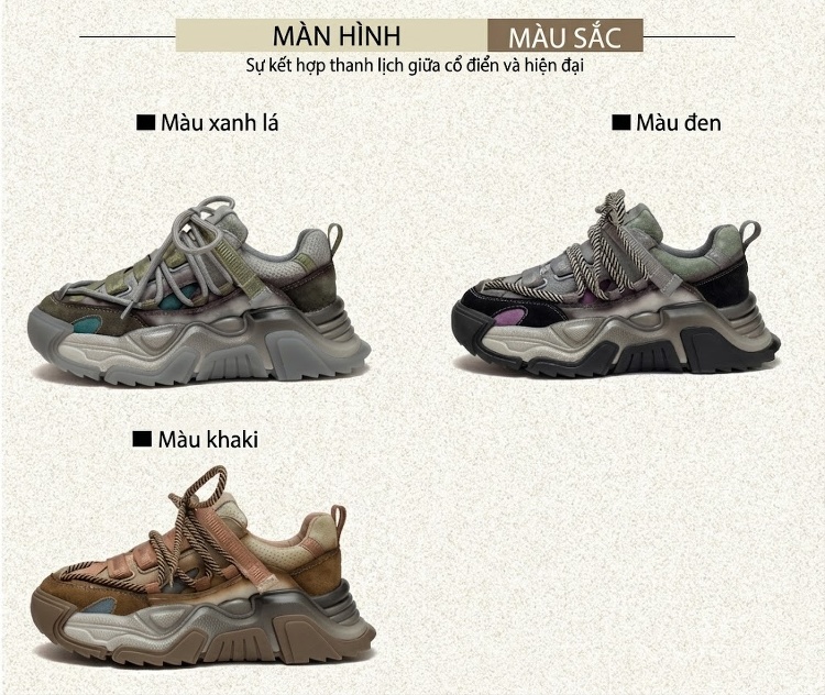 Giày Sneaker Nữ Da Bò Phối Màu Phong Cách Retro Chiều Cao Đế Khoảng 5cm Màu Nâu, Xám, Xanh... chi tiết 3