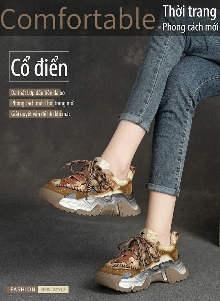 Giày Sneaker Nữ Da Bò Phối Màu Phong Cách Retro Chiều Cao Đế Khoảng 5cm Màu Xám, Nâu, Xanh... chi tiết 2