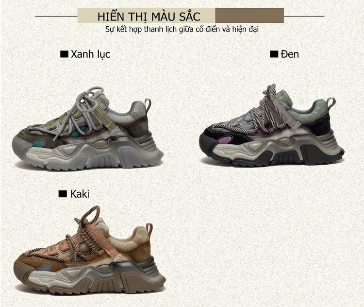 Giày Sneaker Nữ Da Bò Phối Màu Phong Cách Retro Chiều Cao Đế Khoảng 5cm Màu Xám, Nâu, Xanh... chi tiết 3