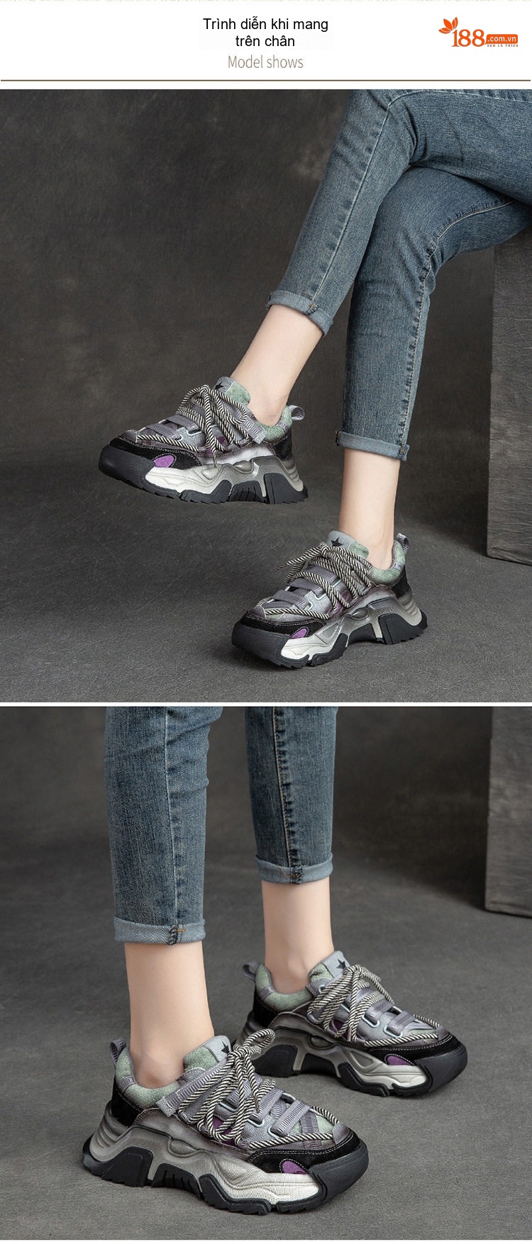 Giày Sneaker Nữ Da Bò Phối Màu Phong Cách Retro Chiều Cao Đế Khoảng 5cm Màu Xám, Nâu, Xanh... chi tiết 8