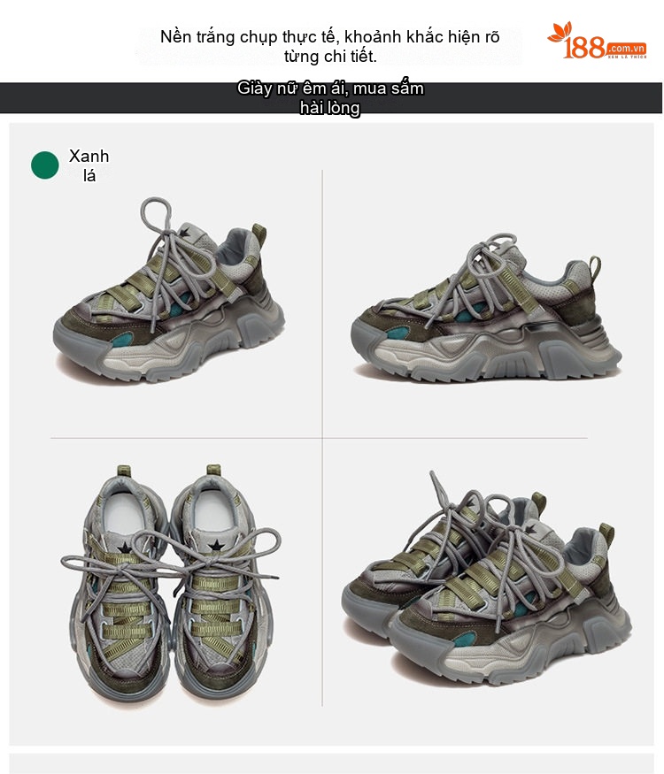Giày Sneaker Nữ Da Bò Phối Màu Phong Cách Retro Chiều Cao Đế Khoảng 5cm Màu Xám, Nâu, Xanh... chi tiết 16