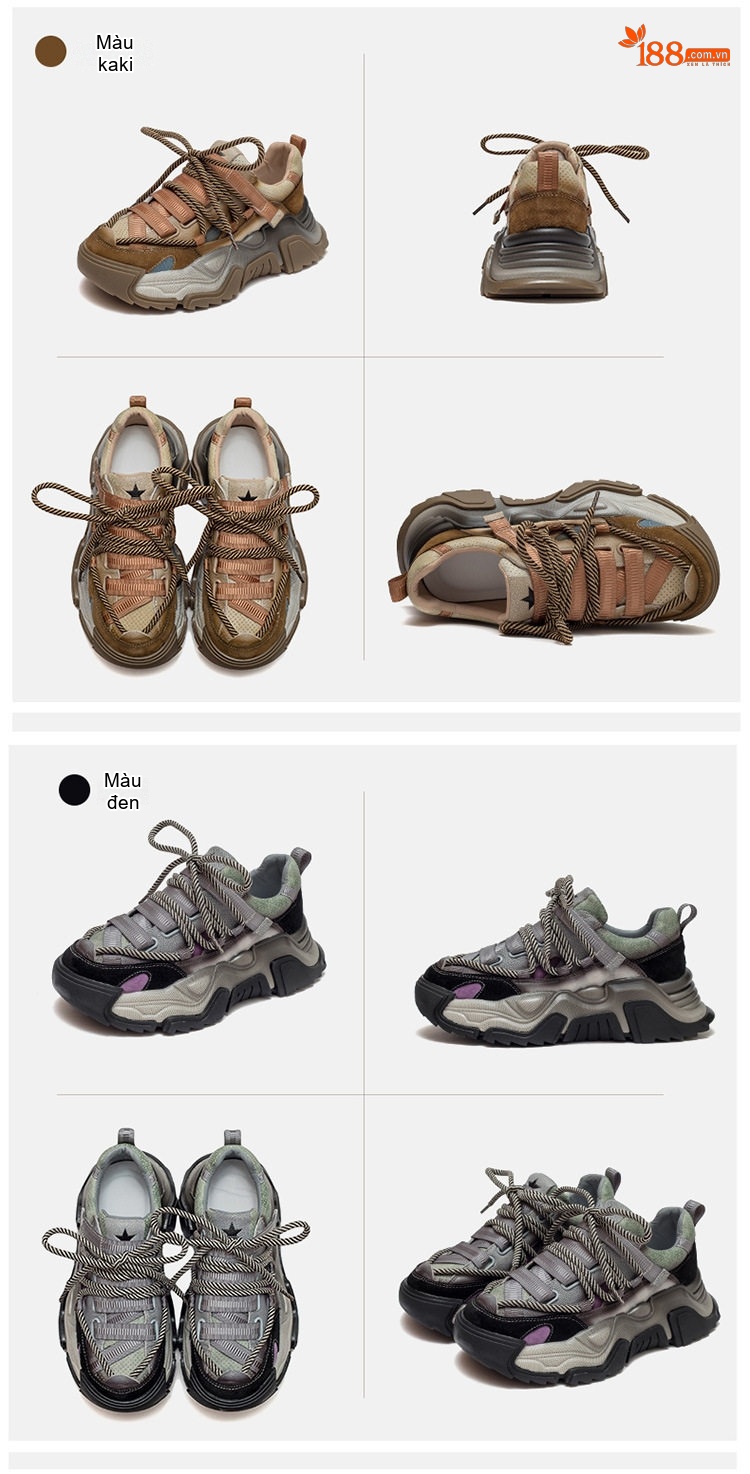 Giày Sneaker Nữ Da Bò Phối Màu Phong Cách Retro Chiều Cao Đế Khoảng 5cm Màu Xám, Nâu, Xanh... chi tiết 17