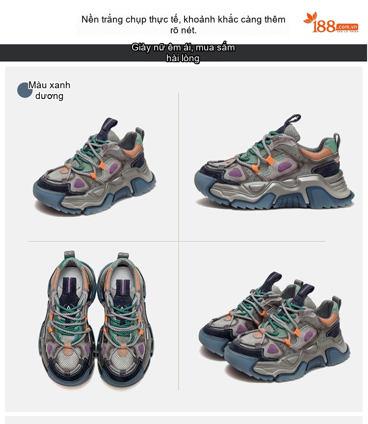 Giày Sneaker Nữ Da Bò Phối Màu Retro Chiều Cao Đế Khoảng 5cm Màu Nâu, Xám, Xanh, Cam... chi tiết 15