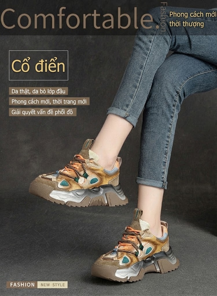 Giày Sneaker Nữ Da Bò Phối Màu Retro Chiều Cao Đế Khoảng 5cm Màu Nâu, Xám, Xanh, Cam... chi tiết 1