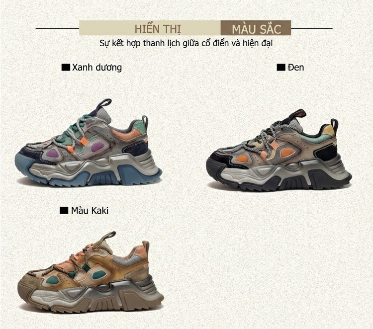 Giày Sneaker Nữ Da Bò Phối Màu Retro Chiều Cao Đế Khoảng 5cm Màu Nâu, Xám, Xanh, Cam... chi tiết 2