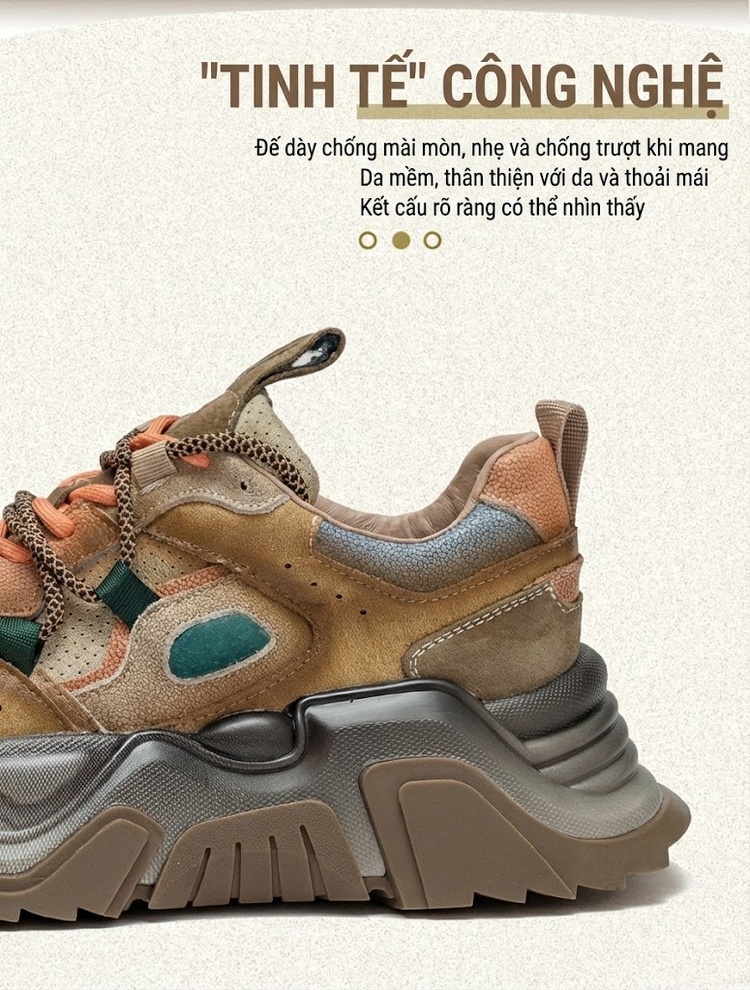 Giày Sneaker Nữ Da Bò Phối Màu Retro Chiều Cao Đế Khoảng 5cm Màu Nâu, Xám, Xanh, Cam... chi tiết 3