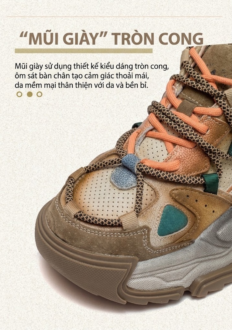Giày Sneaker Nữ Da Bò Phối Màu Retro Chiều Cao Đế Khoảng 5cm Màu Nâu, Xám, Xanh, Cam... chi tiết 4