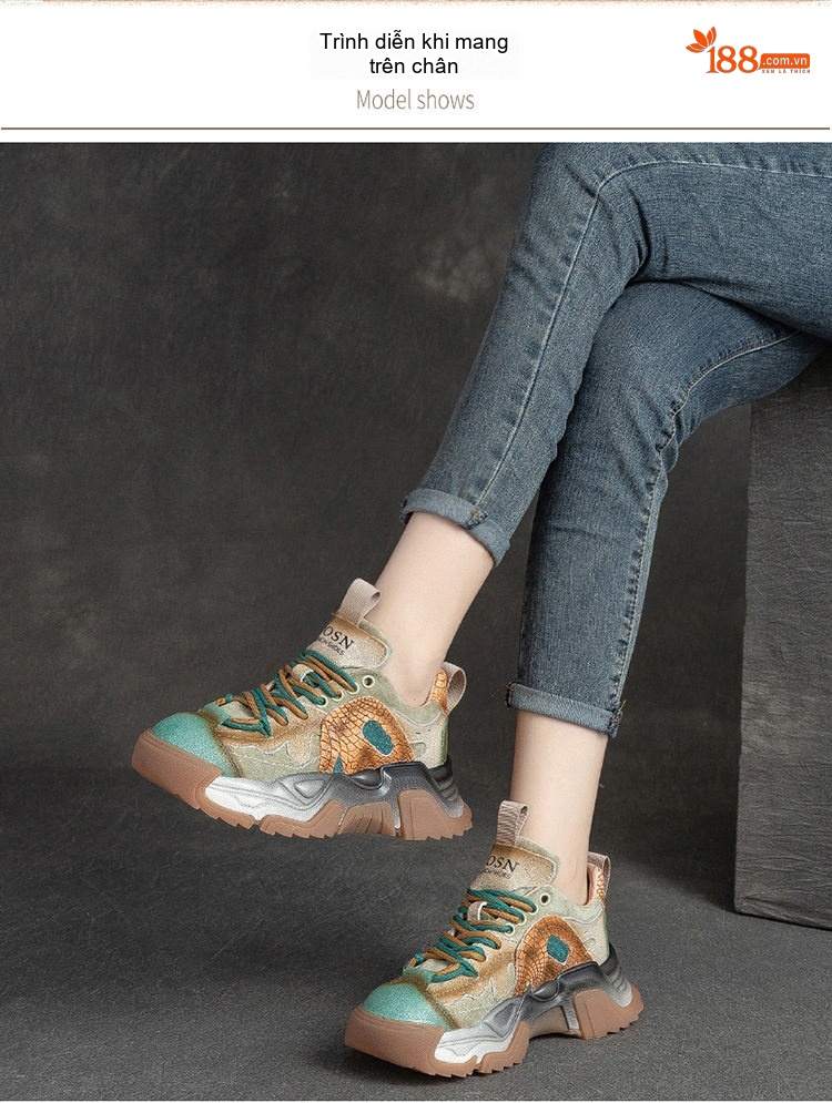 Giày Sneaker Nữ Da Bò Phối Màu Retro Đế Dày Thời Trang Chiều Cao Đế Khoảng 5cm Màu Xám, Nâu, Xanh, Đen... chi tiết 7