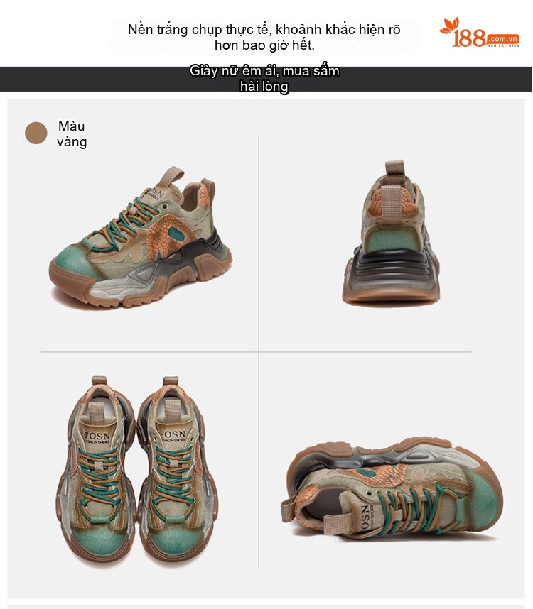 Giày Sneaker Nữ Da Bò Phối Màu Retro Đế Dày Thời Trang Chiều Cao Đế Khoảng 5cm Màu Xám, Nâu, Xanh, Đen... chi tiết 15