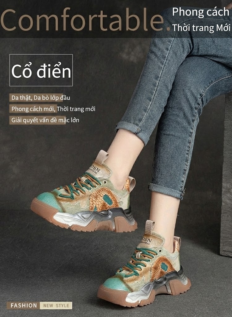 Giày Sneaker Nữ Da Bò Phối Màu Retro Đế Dày Thời Trang Chiều Cao Đế Khoảng 5cm Màu Xám, Nâu, Xanh, Đen... chi tiết 1