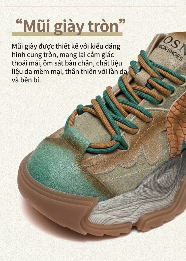 Giày Sneaker Nữ Da Bò Phối Màu Retro Đế Dày Thời Trang Chiều Cao Đế Khoảng 5cm Màu Xám, Nâu, Xanh, Đen... chi tiết 4