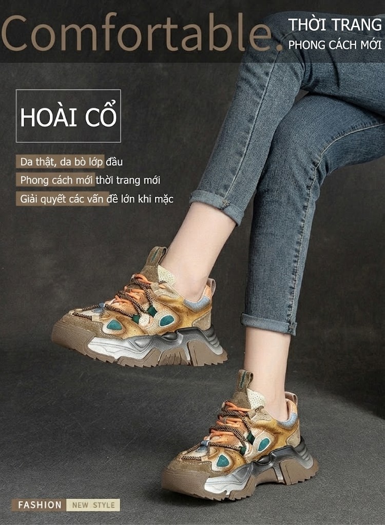 Giày Sneaker Nữ Da Bò Phong Cách Retro Đế Dày Chiều Cao Đế Khoảng 5cm Màu Nâu, Xám, Xanh, Cam chi tiết 1