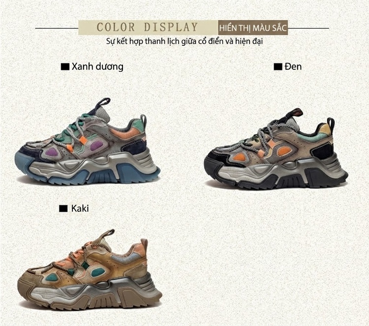 Giày Sneaker Nữ Da Bò Phong Cách Retro Đế Dày Chiều Cao Đế Khoảng 5cm Màu Nâu, Xám, Xanh, Cam chi tiết 2