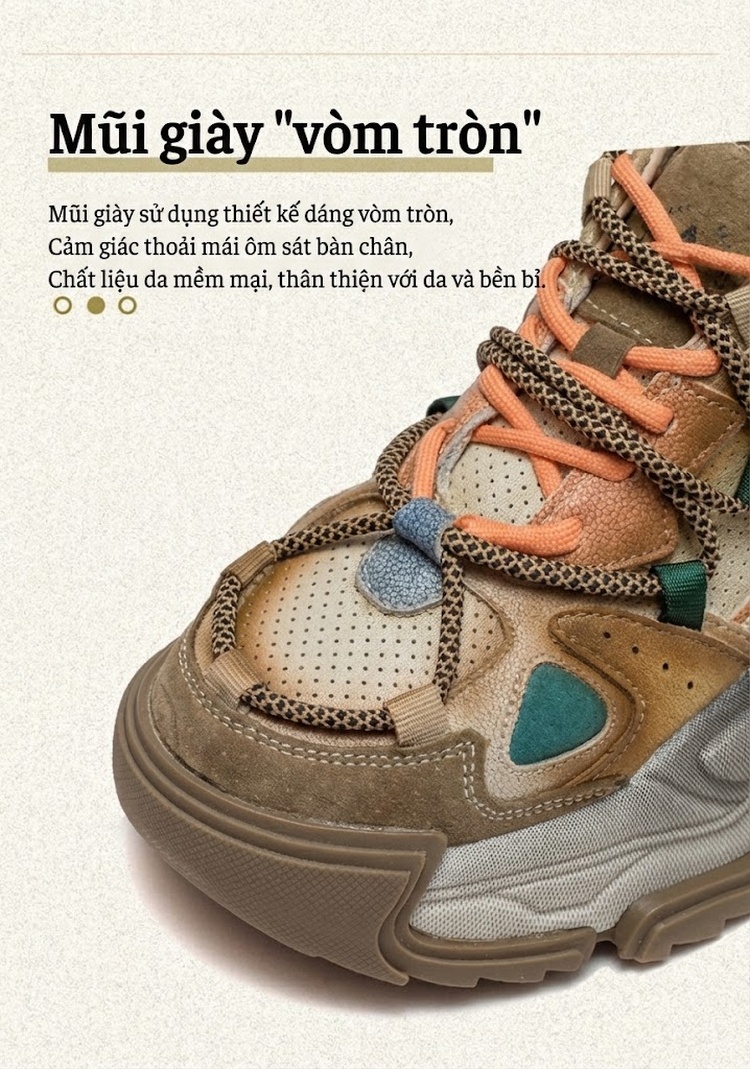 Giày Sneaker Nữ Da Bò Phong Cách Retro Đế Dày Chiều Cao Đế Khoảng 5cm Màu Nâu, Xám, Xanh, Cam chi tiết 4