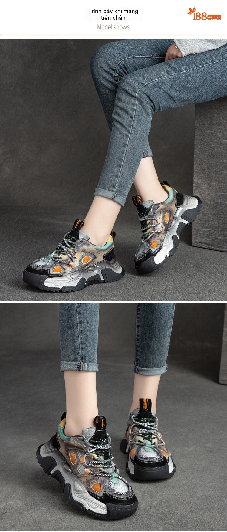 Giày Sneaker Nữ Da Bò Phong Cách Retro Đế Dày Chiều Cao Đế Khoảng 5cm Màu Nâu, Xám, Xanh, Cam chi tiết 7