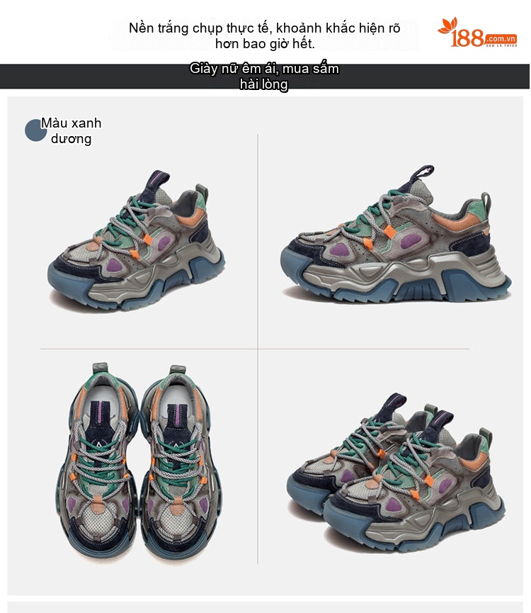 Giày Sneaker Nữ Da Bò Phong Cách Retro Đế Dày Chiều Cao Đế Khoảng 5cm Màu Nâu, Xám, Xanh, Cam chi tiết 15