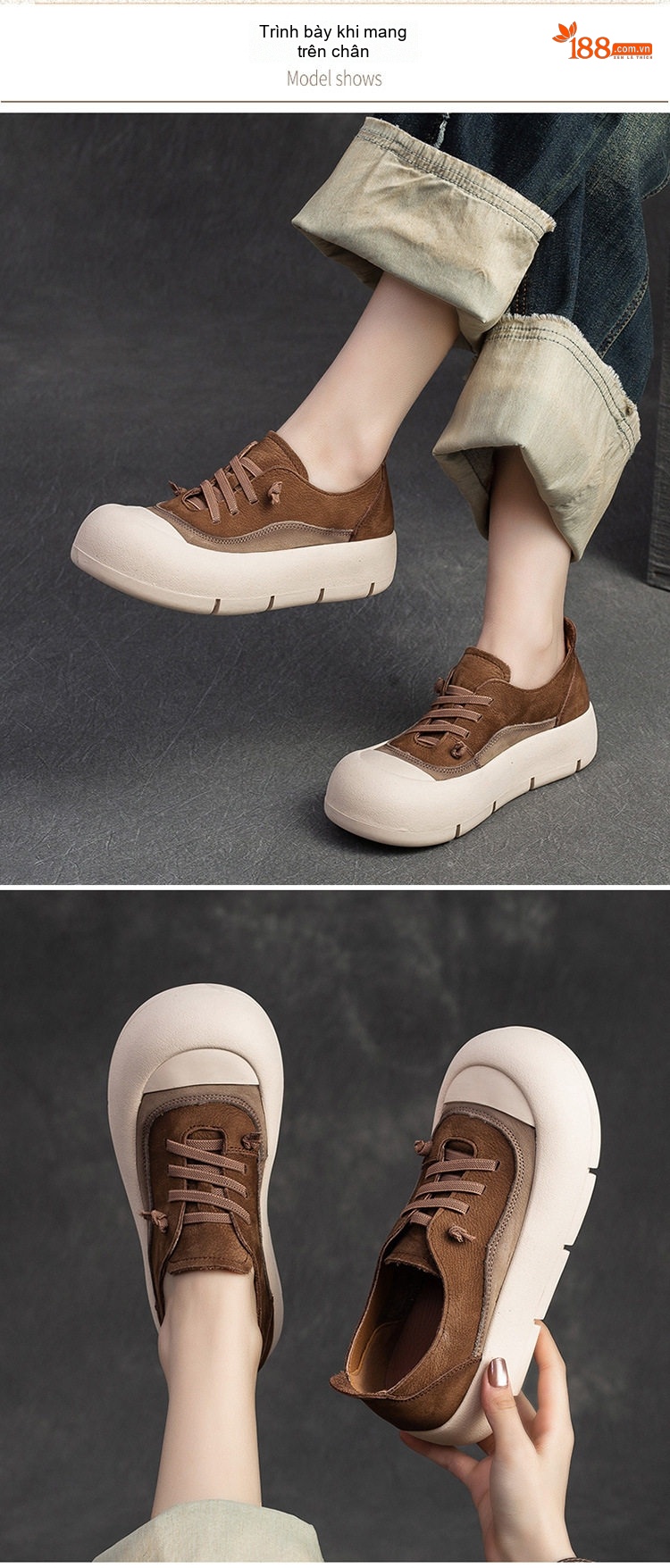Giày Sneaker Nữ Da Bò Thấp Cổ Chiều Cao Đế Khoảng 4cm Màu Nâu, Vàng chi tiết 7