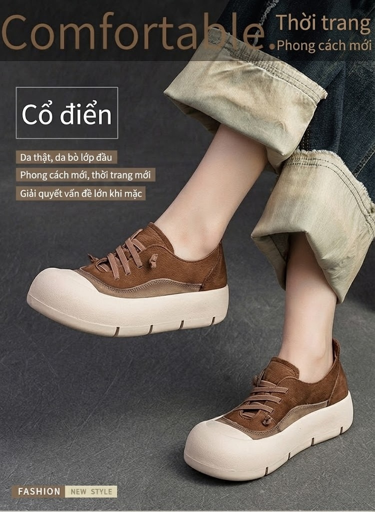 Giày Sneaker Nữ Da Bò Thấp Cổ Chiều Cao Đế Khoảng 4cm Màu Nâu, Vàng chi tiết 2