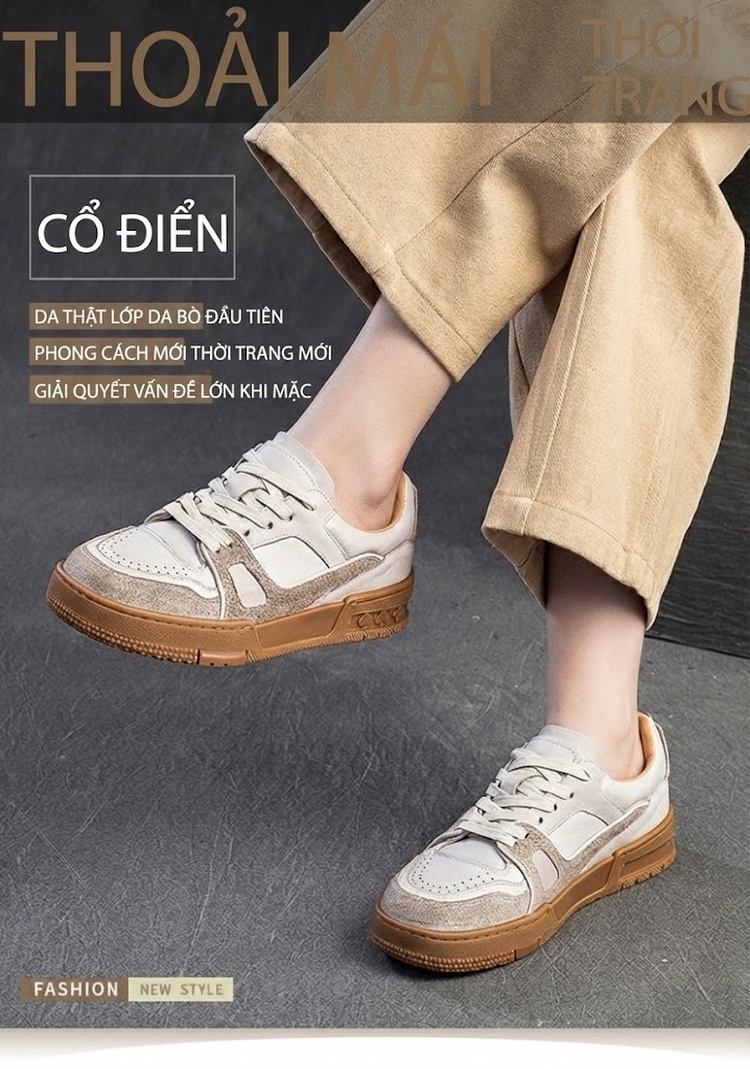 Giày Sneaker Nữ Da Bò Thủ Công Chiều Cao Đế Khoảng 3cm Màu Kem, Nâu chi tiết 2