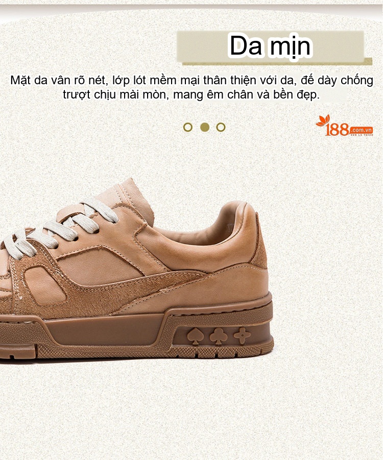 Giày Sneaker Nữ Da Bò Thủ Công Chiều Cao Đế Khoảng 3cm Màu Kem, Nâu chi tiết 4