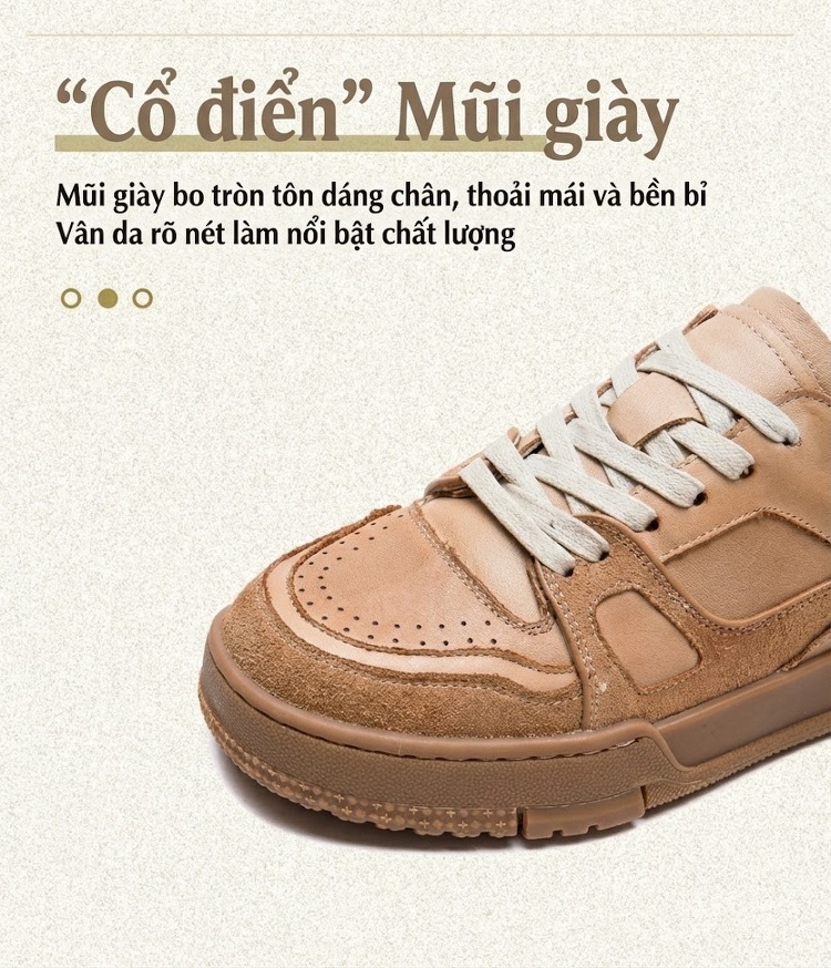 Giày Sneaker Nữ Da Bò Thủ Công Chiều Cao Đế Khoảng 3cm Màu Kem, Nâu chi tiết 5