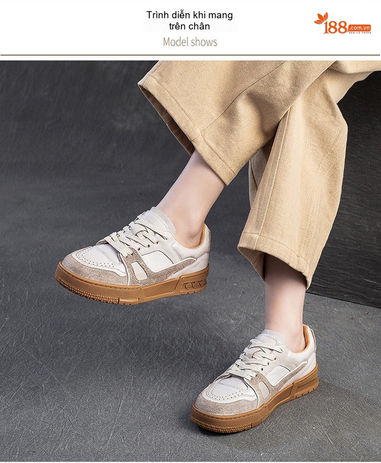 Giày Sneaker Nữ Da Bò Thủ Công Chiều Cao Đế Khoảng 3cm Màu Kem, Nâu chi tiết 8
