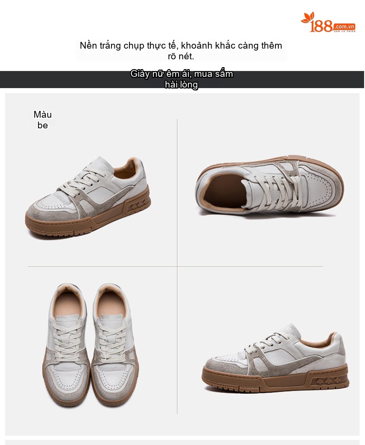 Giày Sneaker Nữ Da Bò Thủ Công Chiều Cao Đế Khoảng 3cm Màu Kem, Nâu chi tiết 17