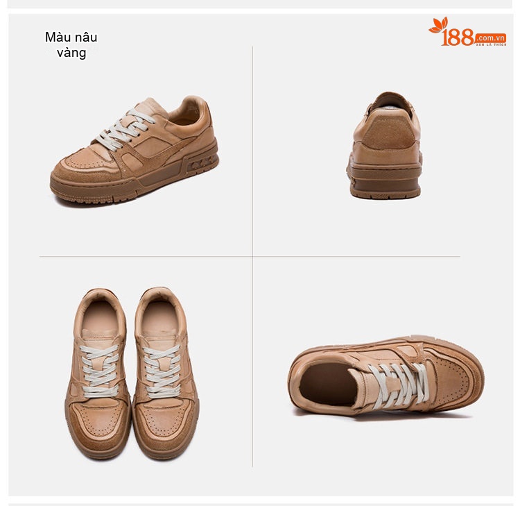 Giày Sneaker Nữ Da Bò Thủ Công Chiều Cao Đế Khoảng 3cm Màu Kem, Nâu chi tiết 18