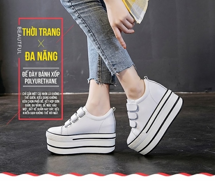 Giày Sneaker Nữ Da Bóng Dán Magic Tape Đế Xuồng Chiều Cao Đế 7.5cm Màu Trắng, Đen chi tiết 7