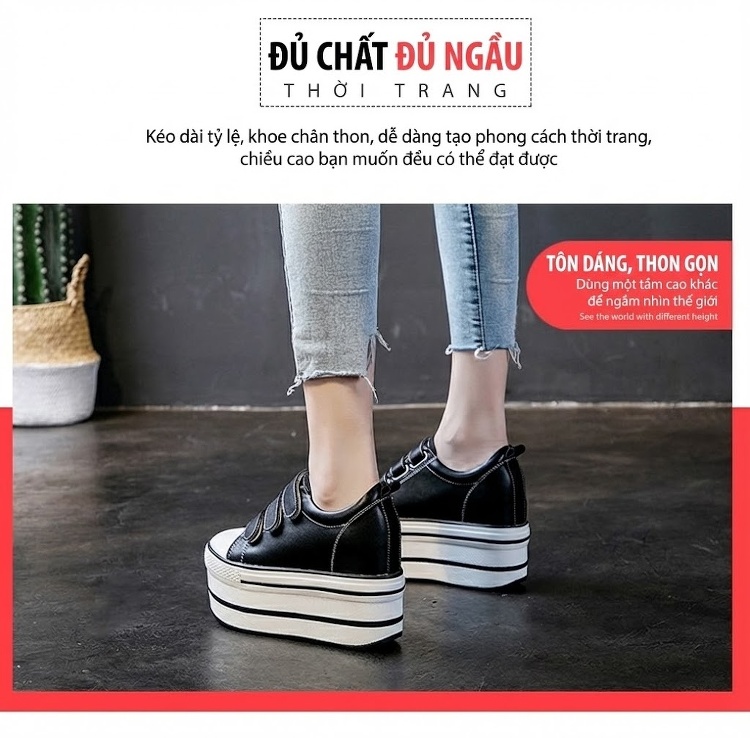 Giày Sneaker Nữ Da Bóng Dán Magic Tape Đế Xuồng Chiều Cao Đế 7.5cm Màu Trắng, Đen chi tiết 8