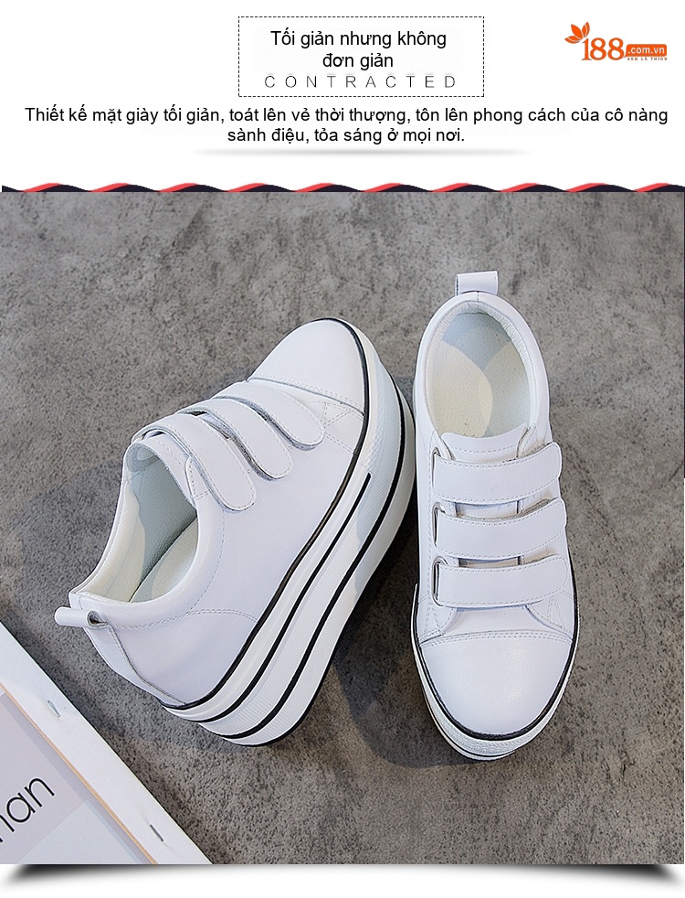 Giày Sneaker Nữ Da Bóng Dán Magic Tape Đế Xuồng Chiều Cao Đế 7.5cm Màu Trắng, Đen chi tiết 9