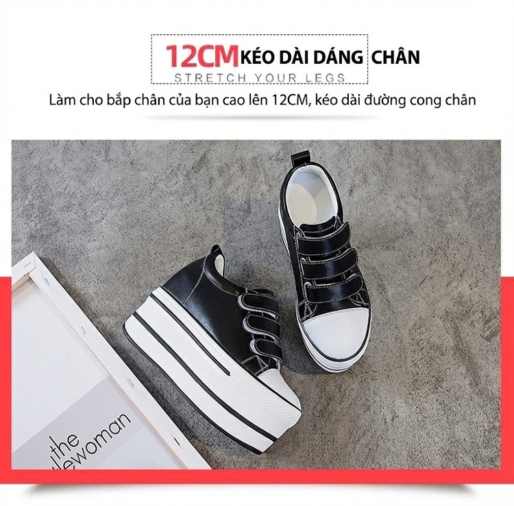 Giày Sneaker Nữ Da Bóng Dán Magic Tape Đế Xuồng Chiều Cao Đế 7.5cm Màu Trắng, Đen chi tiết 10