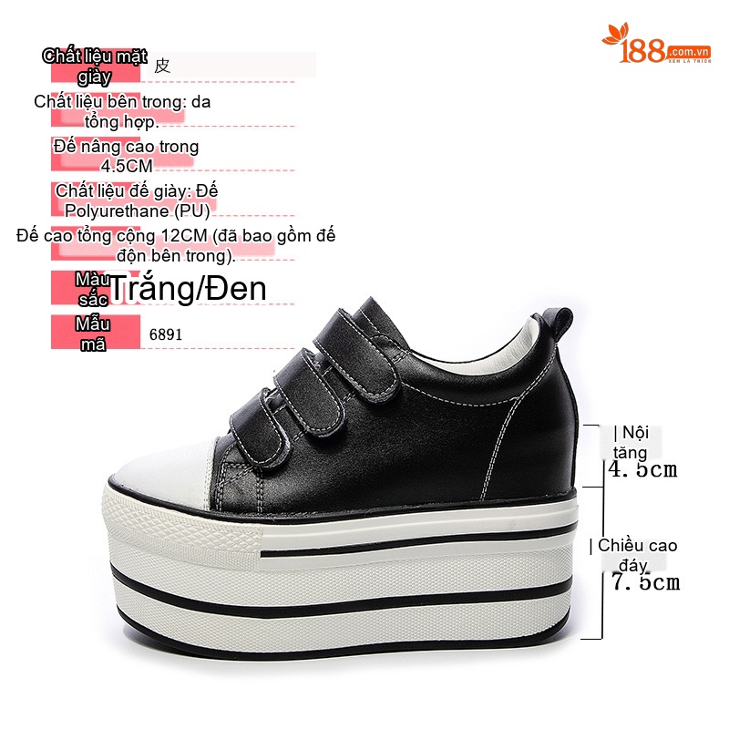 Giày Sneaker Nữ Da Bóng Dán Magic Tape Đế Xuồng Chiều Cao Đế 7.5cm Màu Trắng, Đen