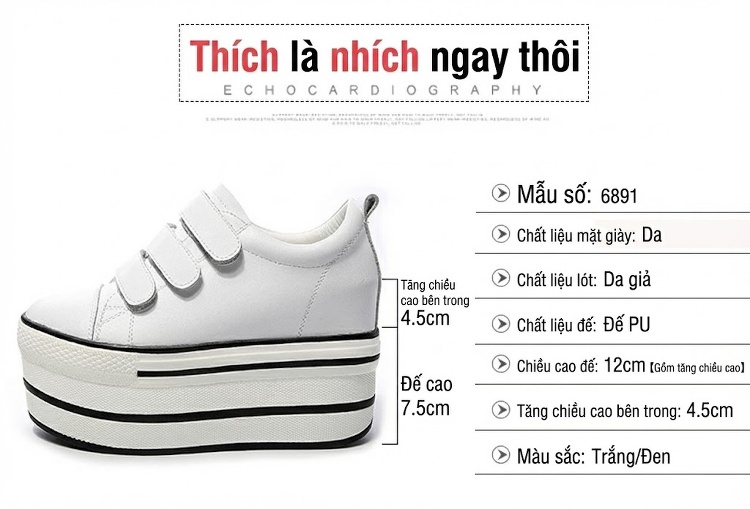 Giày Sneaker Nữ Da Bóng Dán Magic Tape Đế Xuồng Chiều Cao Đế 7.5cm Màu Trắng, Đen chi tiết 12