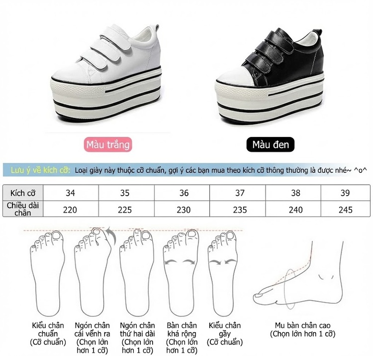 Giày Sneaker Nữ Da Bóng Dán Magic Tape Đế Xuồng Chiều Cao Đế 7.5cm Màu Trắng, Đen chi tiết 13