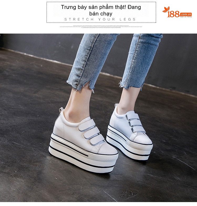 Giày Sneaker Nữ Da Bóng Dán Magic Tape Đế Xuồng Chiều Cao Đế 7.5cm Màu Trắng, Đen chi tiết 14