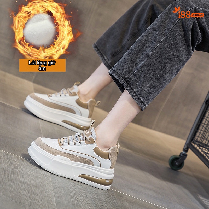 Giày Sneaker Nữ Da Bóng Đế Dày Chiều Cao Đế Khoảng 5cm Lót Lông Đi Mềm Màu Trắng, Đen, Nâu, Đỏ...