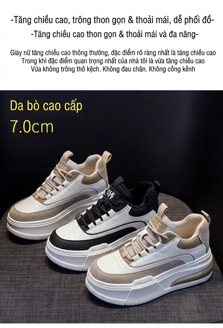 Giày Sneaker Nữ Da Bóng Đế Dày Chiều Cao Đế Khoảng 5cm Lót Lông Đi Mềm Màu Trắng, Đen, Nâu, Đỏ... chi tiết 2